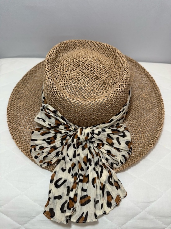 Women Panama Honeycomb Woven Straw Sun Hat Leopard Scarf Trim Natura Made In USA main image 6